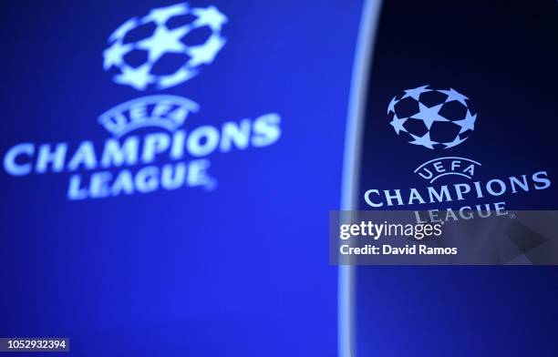 The Champions League logo is seen prior to the Group B match of the UEFA Champions League between FC Barcelona and FC Internazionale at Camp Nou on...