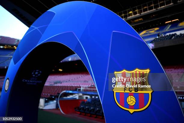 The FC Barcelona logo is seen prior to the Group B match of the UEFA Champions League between FC Barcelona and FC Internazionale at Camp Nou on...