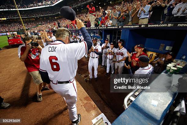 Playoffs: Atlanta Braves manager Bobby Cox acknowledging fans after losing Game 4 and series vs San Francisco Giants. Cox's final game before...