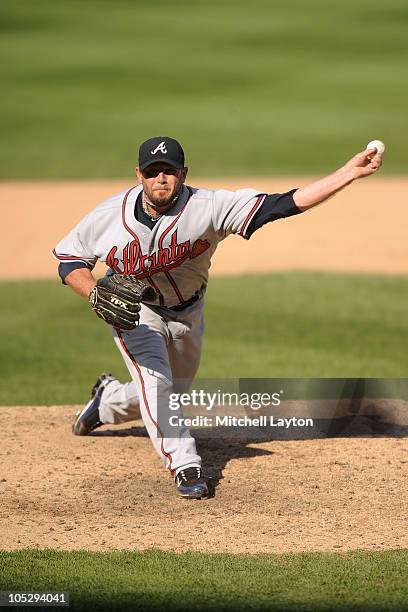 Billy Wagner of the Atlanta Braves pitches during a baseball game against the Washington Nationals on September 25, 2010 at Nationals Park in...