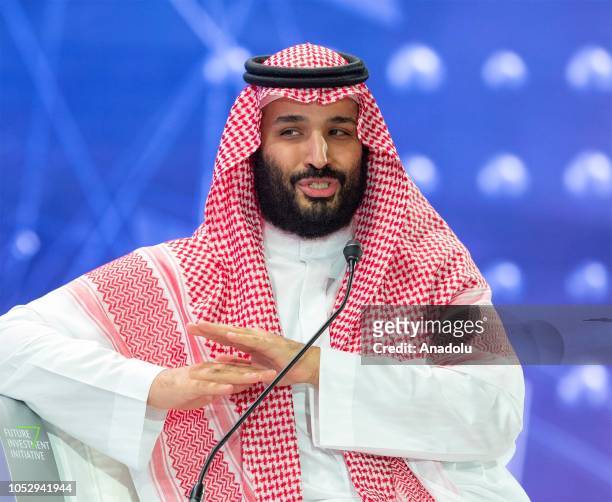 Crown Prince of Saudi Arabia Mohammad bin Salman speaks during the second day of 'The Future Investment Initiative also known as an annual investment...
