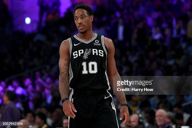 DeMar DeRozan of the San Antonio Spurs before an inbound in the game against the Los Angeles Lakers at Staples Center on October 22, 2018 in Los...