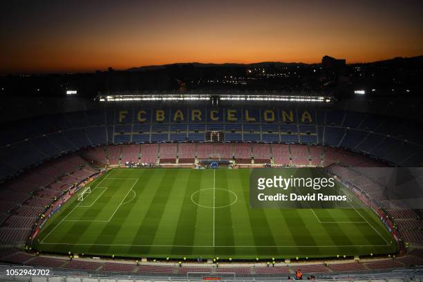 General view inside the stadium prior to the Group B match of the UEFA Champions League between FC Barcelona and FC Internazionale at Camp Nou on...