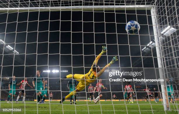 Luuk de Jong of PSV Eindhoven scores his team's second goal past Michel Vorm of Tottenham Hotspur during the Group B match of the UEFA Champions...