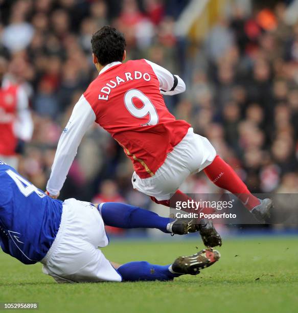 Eduardo da Silva of Arsenal has a broken ankle after being tackled by Martin Taylor of Birmingham City during the Barclays Premier League match...