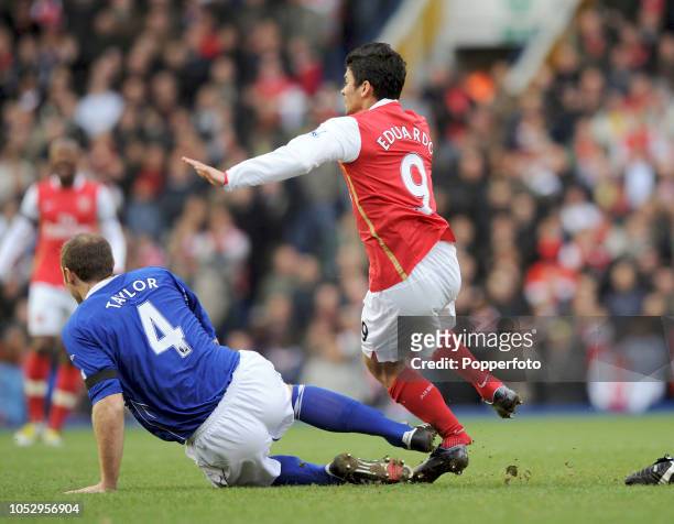 Eduardo da Silva of Arsenal has a broken ankle after being tackled by Martin Taylor of Birmingham City during the Barclays Premier League match...