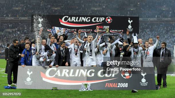 The Tottenham Hotspur team celebrates victory in the Carling Cup Final between Tottenham Hotspur and Chelsea at Wembley Stadium on February 24, 2008...