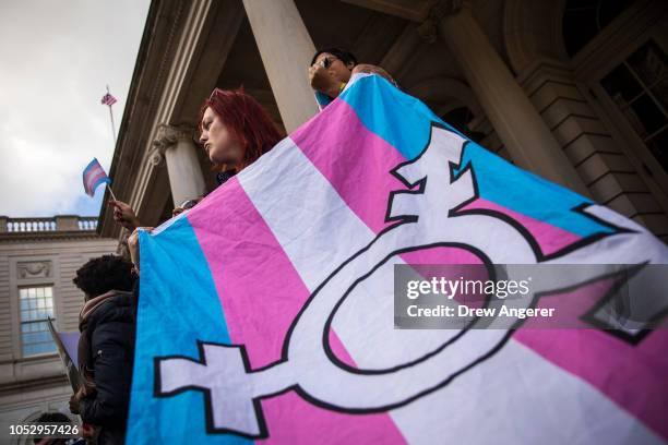 Activists and their supporters rally in support of transgender people on the steps of New York City Hall, October 24, 2018 in New York City. The...