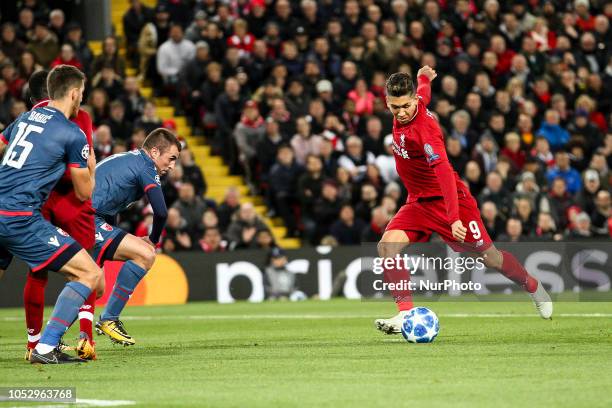 Liverpool forward Roberto Firmino scores his goal during the Uefa Champions League Group Stage football match n.3 LIVERPOOL - CRVENA ZVEZDA on at the...
