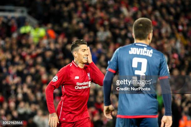 Liverpool forward Roberto Firmino celebrates after scoring his goal during the Uefa Champions League Group Stage football match n.3 LIVERPOOL -...