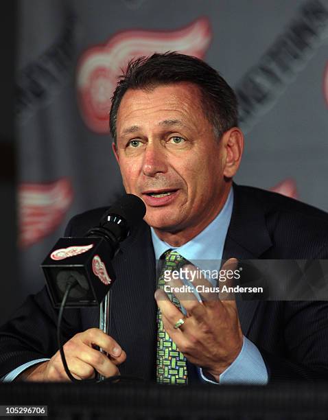General Manager Ken Holland of the Detroit Red Wings gets set to talk about the retirement of Kirk Maltby prior to a game between the Detroit Red...