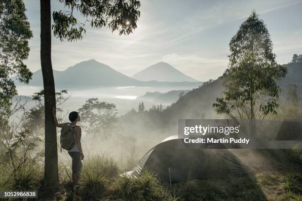 young woman standing in mist, next to tent, looking at the view while camping - asian landscape foto e immagini stock