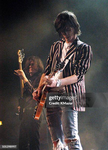 Nikolai Fraiture and Nick Valensi of The Strokes during The Strokes in Concert in New York City at The Theater at Madison Square Garden in New York...