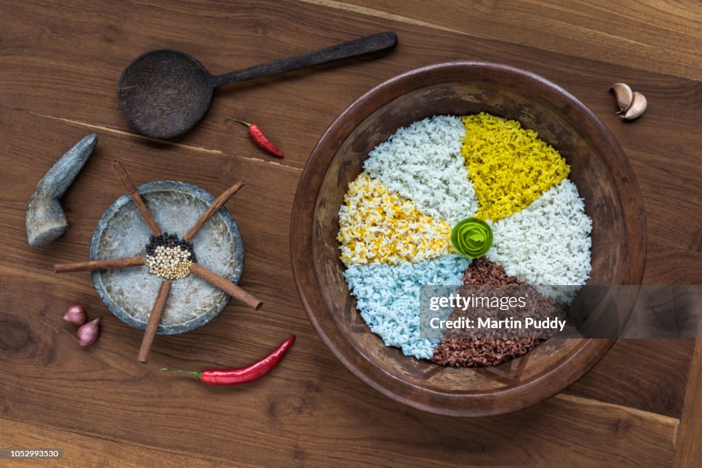 Condiments For Rice Indonesian Rice Traditional Food With Condiments And Spices On Wooden ...