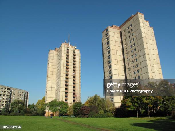 prefabricated concrete slab buildings (plattenbau) in the east berlin district of prenzlauerberg - the two towers stock pictures, royalty-free photos & images