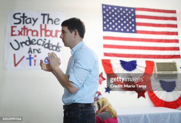 Democratic congressional candidate Josh Harder waits to speak at a campaign rally in support of Social Security and Medicare on October 24, 2018 in...