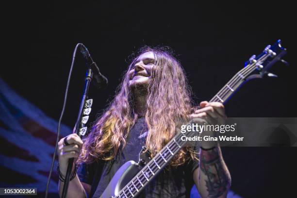 American singer Aaron Charles Pauley of Of Mice And Men performs live on stage in support of Bullet For My Valentine during a concert at the...
