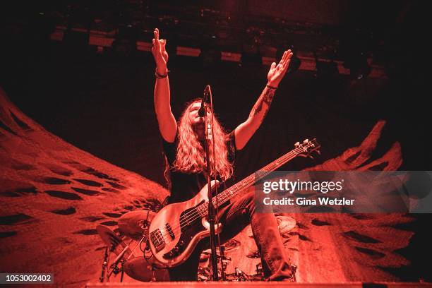 American singer Aaron Charles Pauley of Of Mice And Men performs live on stage in support of Bullet For My Valentine during a concert at the...
