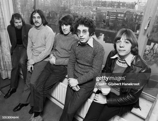 Procol Harum group portrait at the Amsterdam Hilton Hotel, Netherlands, 1970. L-R Chris Copping, Gary Brooker, BJ Wilson, Keith Reid, Robin Trower.