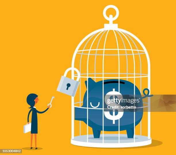 piggy bank in large birdcage - businesswoman - releasing money stock illustrations