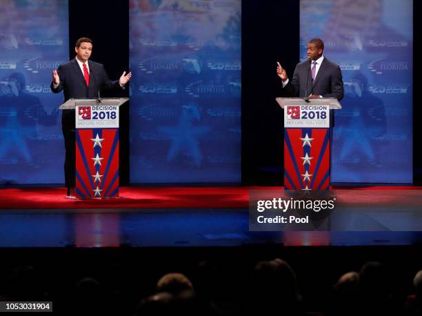 Republican Ron DeSantis and Democrat Andrew Gillum debate at Broward College October 24, 2018 in Davie, Florida. The second and final debate between...