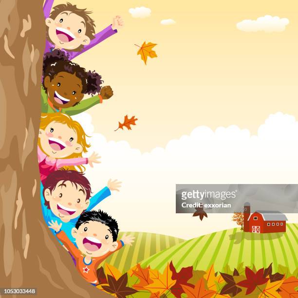 multi-ethnic kids hiding behind autumn tree - kid peeking stock illustrations