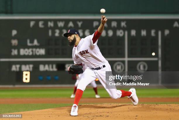 David Price of the Boston Red Sox delivers the pitch during the first inning against the Los Angeles Dodgers in Game Two of the 2018 World Series at...