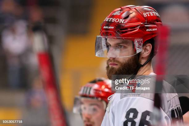 Ben Hanowski of Koelner Haie looks on during the German Ice Hockey match between EHC Red Bull Muenchen and Koelner Haie on September 30, 2018 in...