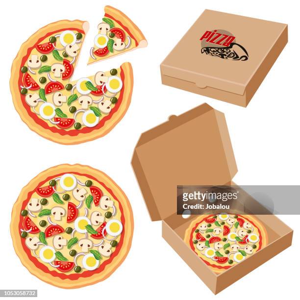 pizza in einer cardbox clipart - pizzo stock-grafiken, -clipart, -cartoons und -symbole