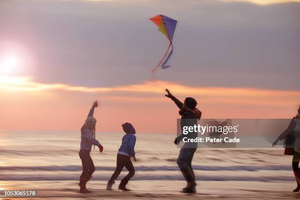 family playing with kite on beach at sunset - purple stock pictures, royalty-free photos & images