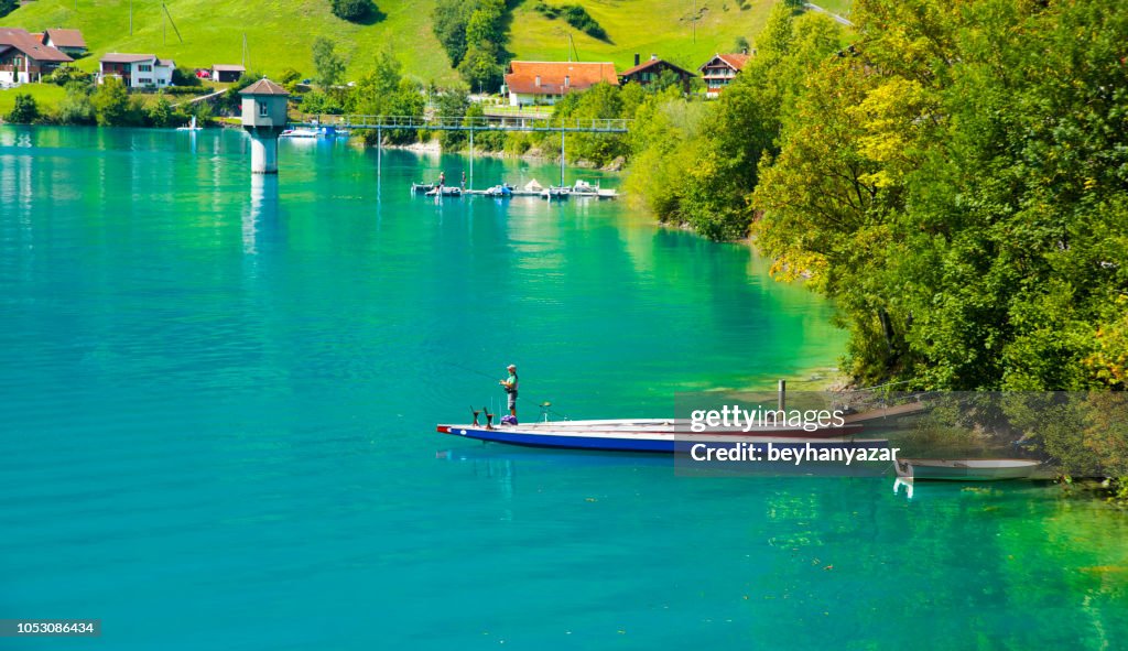 Lakescape of Lake Lucerne, With Fisherman Burglen Town in nidwalden canton, Switzerland