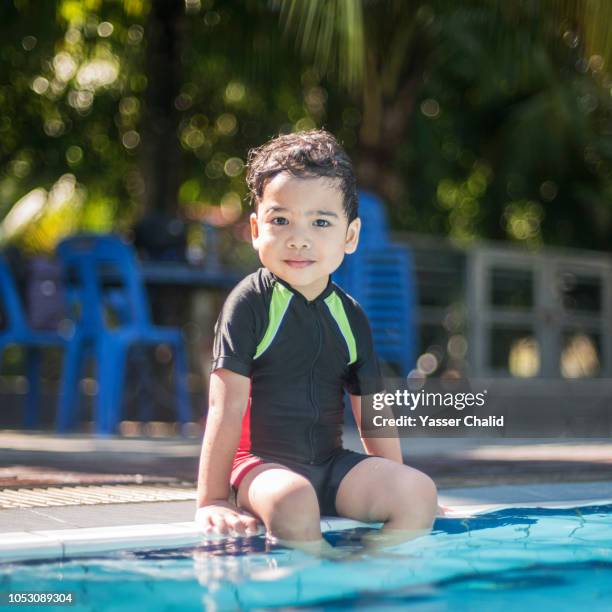 Little Boy Sitting By Swimming Pool