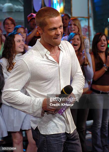 Brad Pitt during Brad Pitt and Eric Bana Visit MTV's "TRL" - May 3, 2004 at MTV Studios, Times Square in New York City, New York, United States.