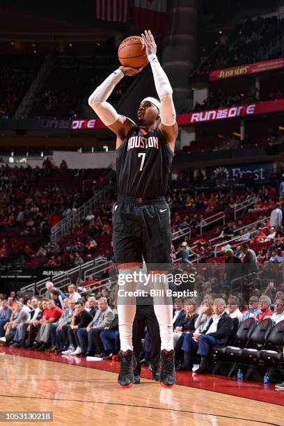 Carmelo Anthony of the Houston Rockets shoots the ball against the Utah Jazz on October 24, 2018 at Toyota Center, in Houston, Texas. NOTE TO USER:...