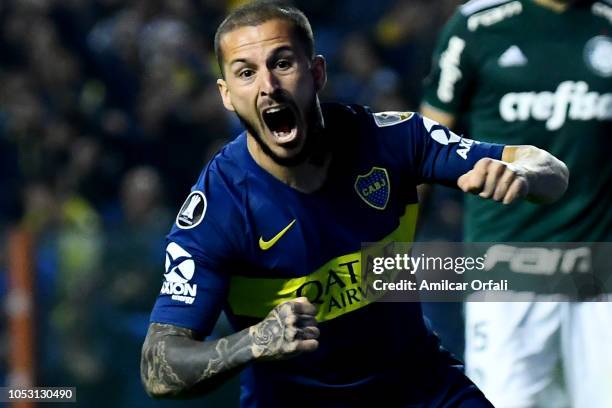 Dario Benedetto of Boca Juniors celebrates after scoring the first goal of his team during the Semi Final first-leg match between Boca Juniors and...