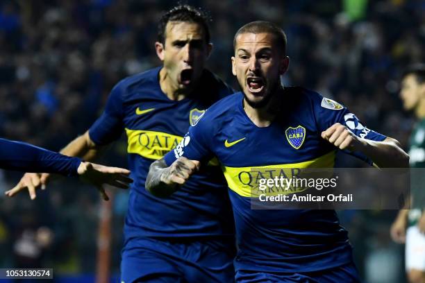 Dario Benedetto of Boca Juniors celebrates after scoring the first goal of his team during the Semi Final first-leg match between Boca Juniors and...