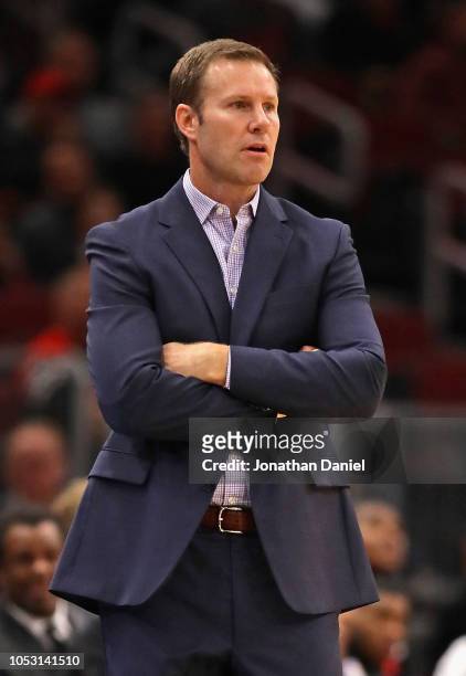 Head coach Fred Hoiberg of the Chicago Bulls watches as his team takes on the Charlotte Hornets at the United Center on October 24, 2018 in Chicago,...