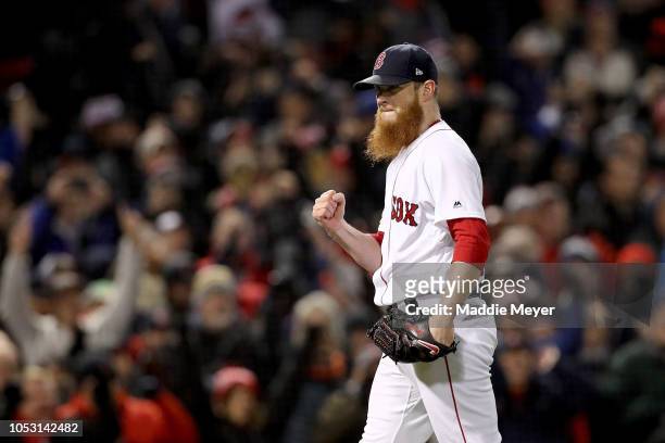Craig Kimbrel of the Boston Red Sox celebrates his teams 4-2 win over the Los Angeles Dodgers in Game Two of the 2018 World Series at Fenway Park on...