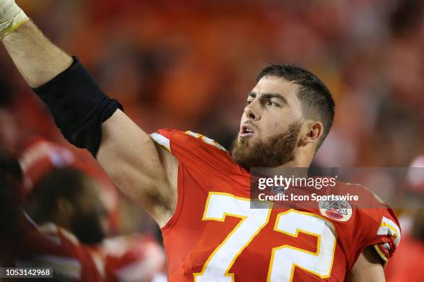 Kansas City Chiefs offensive tackle Eric Fisher points to the crown in celebration late in the fourth quarter of a week 7 NFL game between the...