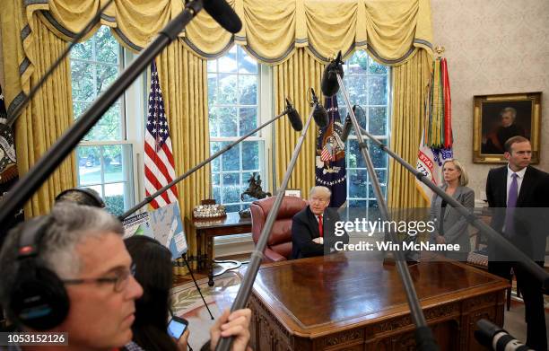 President Donald Trump discusses the potential impact of Hurricane Michael with Homeland Security Secretary Kirstjen Nielsen and FEMA Administrator...