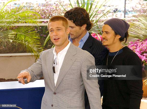 Brad Pitt, Eric Bana and Orlando Bloom during 2004 Cannes Film Festival - "Troy" Photocall at Palais Du Festival in Cannes, France.