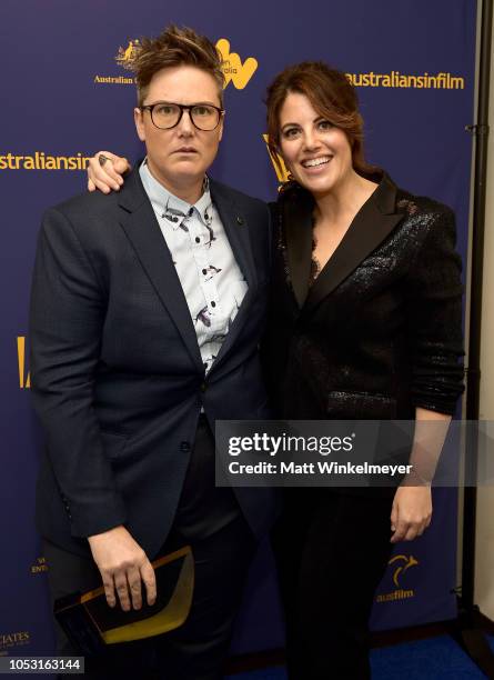 Hannah Gadsby poses with the Create NSW Annette Kellerman Award and Monica Lewinsky backstage during the 7th Annual Australians in Film Awards Gala...