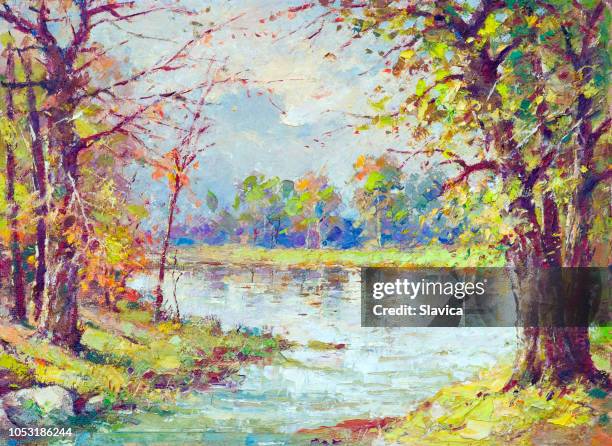 illustrazioni stock, clip art, cartoni animati e icone di tendenza di pittura ad olio - fiume in autunno - olio su legno