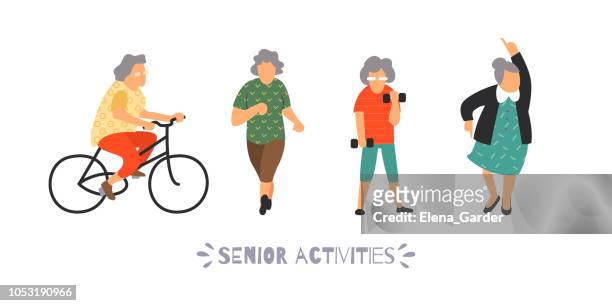 Group of elderly people go in for sports. Senior outdoor activities set. Recreation and leisure elderly persons concept. Flat vector illustration