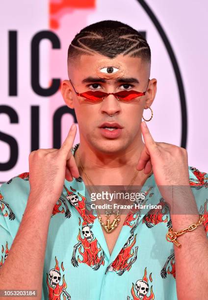 Bad Bunny attends the 2018 American Music Awards at Microsoft Theater on October 09, 2018 in Los Angeles, California.