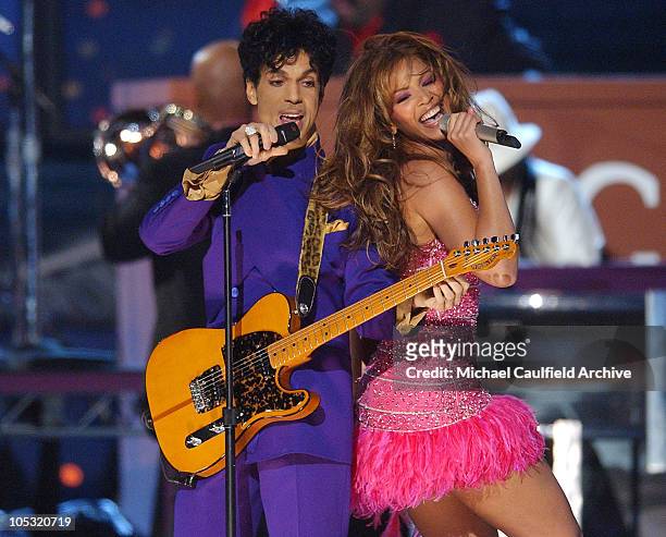 Prince and Beyonce perform a medley of his hits during The 46th Annual GRAMMY Awards - Show at Staples Center in Los Angeles, California, United...