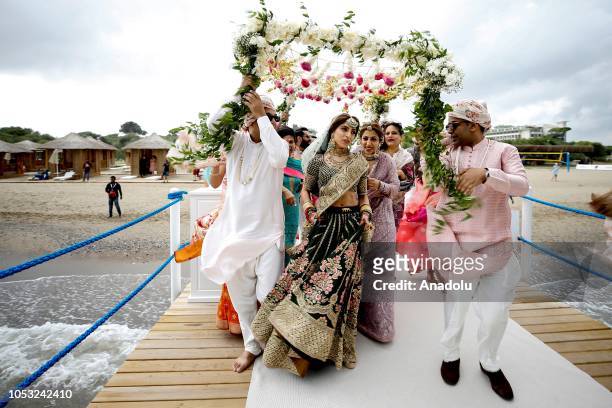 The bride Sukriti Grover arrives at the beach ahead of her and Arjun Arora's wedding in Antalya, Turkey on October 25, 2018. Almost 600 guests were...