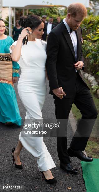Prince Harry, Duke of Sussex and Meghan, Duchess of Sussex attend a state dinner at the Royal Residence on October 25, 2018 in Nuku'alofa, Tonga. The...