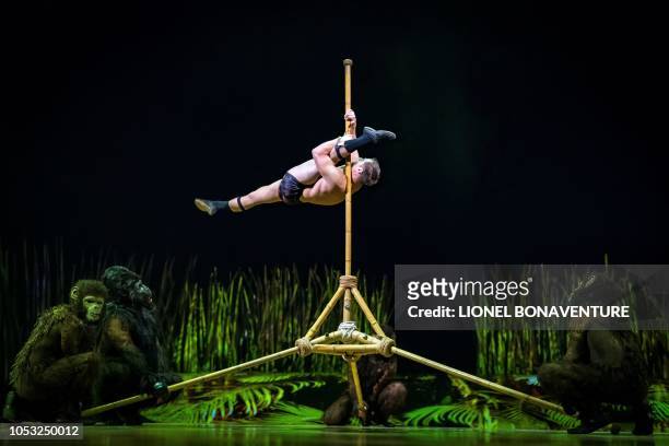 Members of the Canadian circus troop 'Le Cirque du Soleil' perform during the show "Totem" in Paris on October 24, 2018. - The show "Totem" will run...