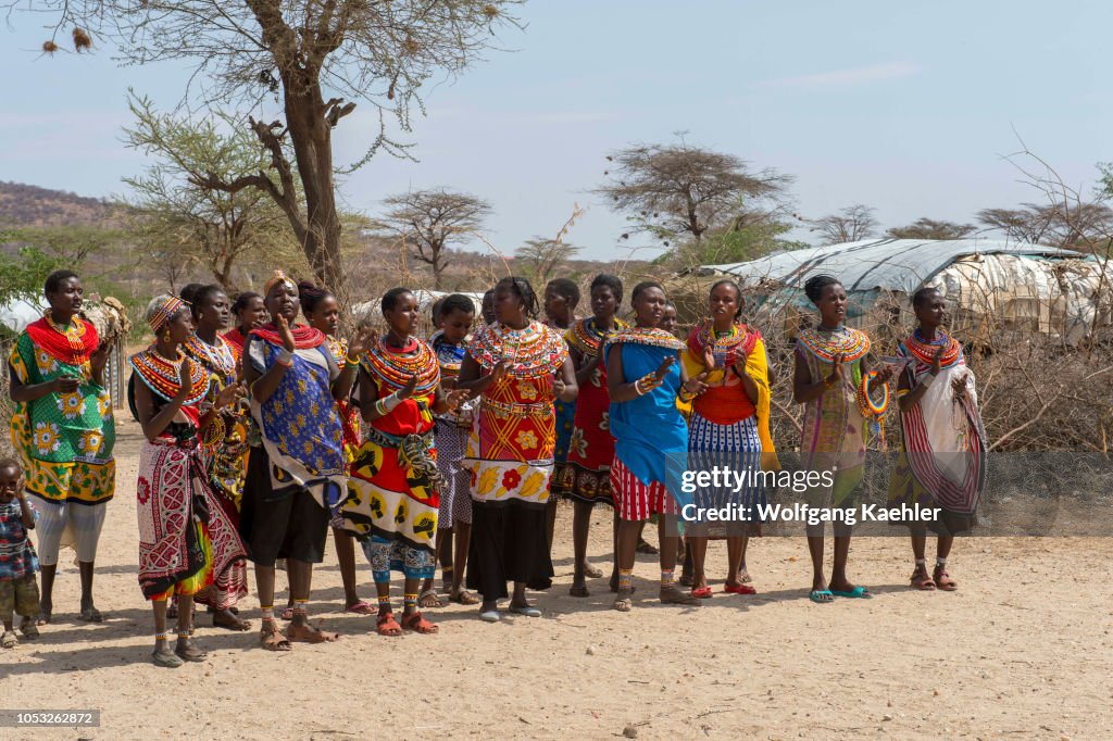 Samburu women performing a welcome dance at a Samburu...